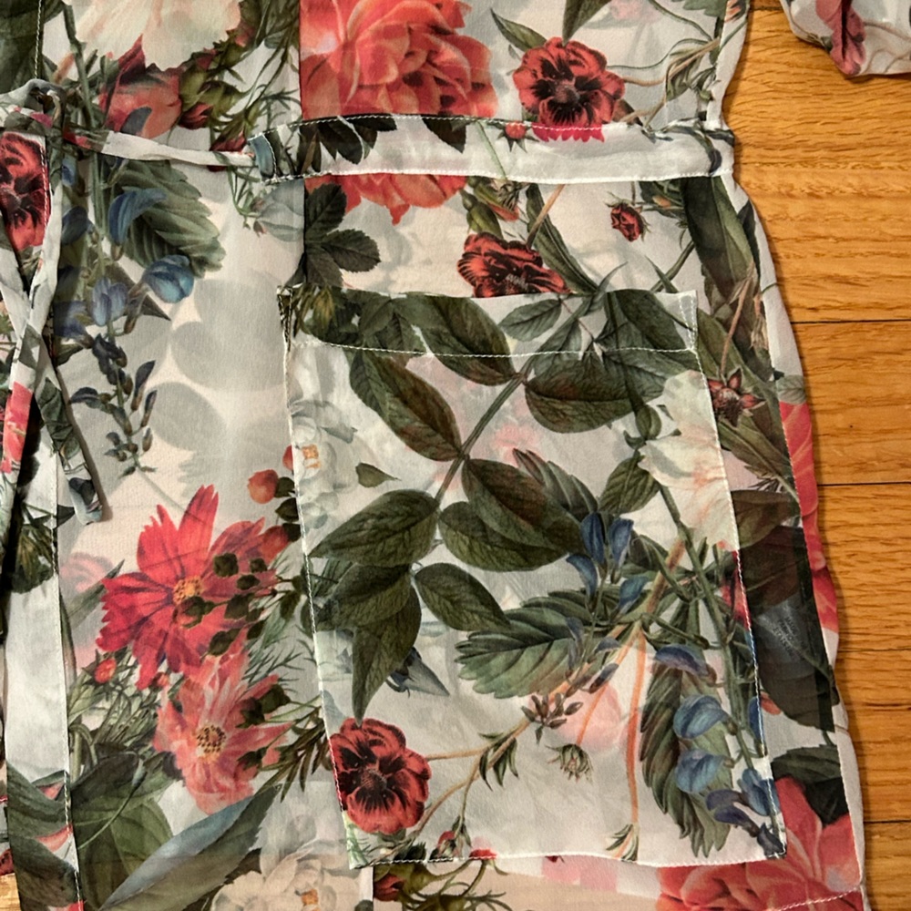 Haute Hippie Sheer Silk Floral Tunic, Rollup Sleeves Open Front Drawstring Waist - Picture 11 of 16